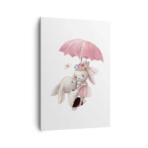 Impression sur toile - Image sur toile - Des lapins mignons sous un parapluie rose - 70x100cm - C'est ça l'amour - Décoration murale moderne pour le salon et la chambre ARTTOR