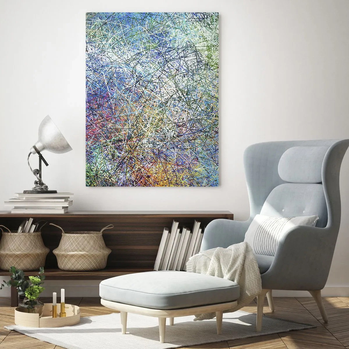 Impression sur verre - Image sur verre - Composition abstraite avec des lignes et des textures multicolores - 80x120cm - Ce n'est pas si simple - Décoration murale moderne pour le salon et la chambre ARTTOR