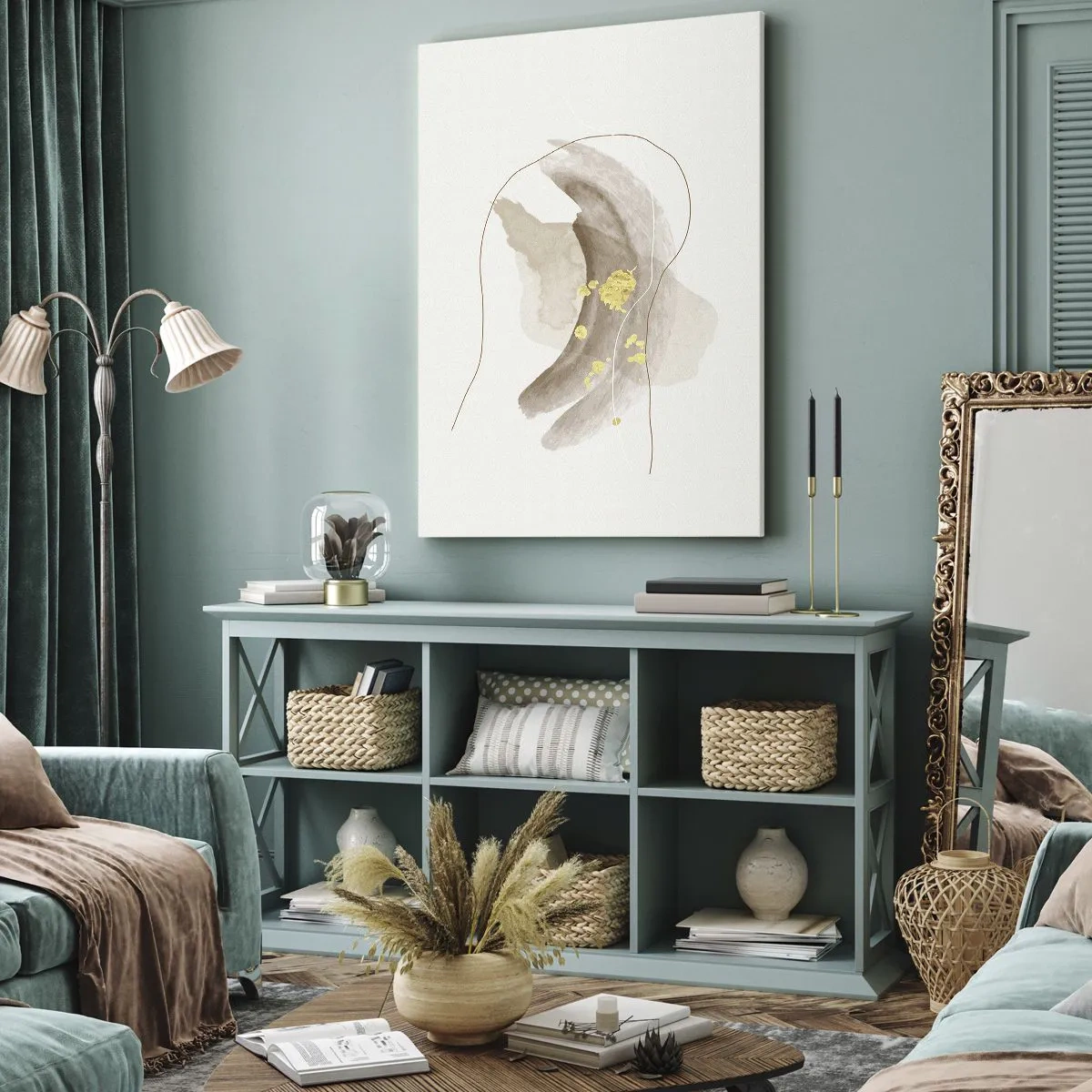 Impression sur toile - Image sur toile - Une composition abstraite dans les tons beige et or. - 50x70cm - rencontré dans l'espace - Décoration murale moderne pour le salon et la chambre ARTTOR