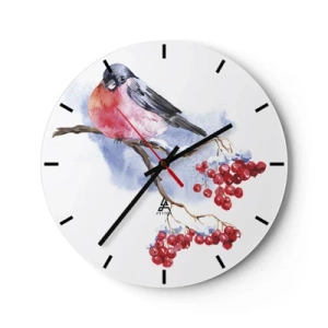 Horloge murale - Pendule murale - Bouvreuil peint à la main sur une branche avec des baies rouges - 30x30cm - L'hiver en couleurs - Décoration murale moderne pour le salon, la cuisine et la chambre ARTTOR