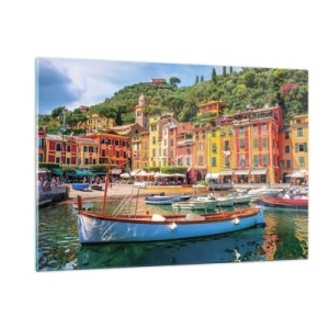 Impression sur verre - Image sur verre - Bâtiments colorés près du port dans une ville pittoresque - 120x80cm - Matinée italienne - Décoration murale moderne pour le salon et la chambre ARTTOR