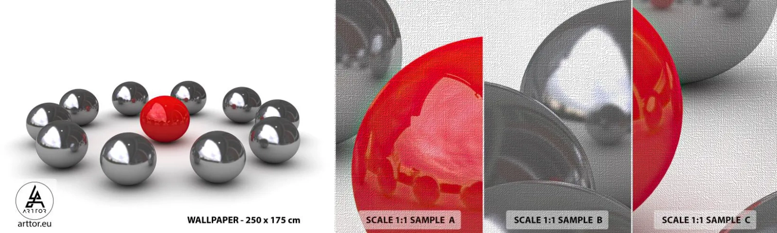 Échantillon de Papier Peint Premium Canvas - Un cercle en argent et rouge - Abstraction, 3D, Boules rondes - 100x30 cm