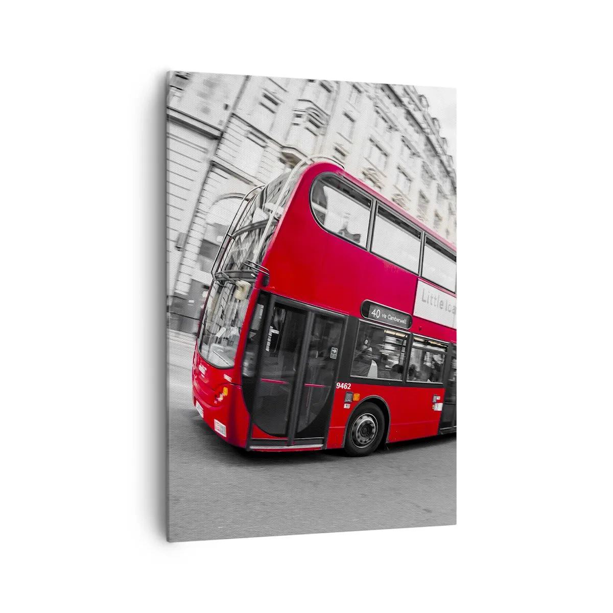 Impression sur toile - Image sur toile - Un bus londonien rouge sur fond de rue noire et blanche - 70x100cm - Londres traditionnellement - en bus - Décoration murale moderne pour le salon et la chambre ARTTOR