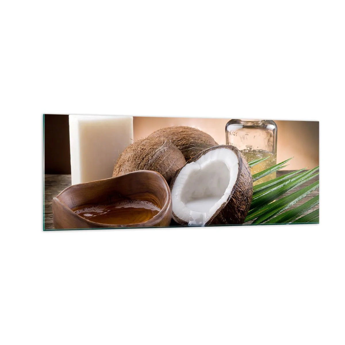 Impression sur verre - Image sur verre - Noix de coco, bougie et huile sur fond de bois - 140x50cm - Santé des îles tropicales - Décoration murale moderne pour le salon et la chambre ARTTOR