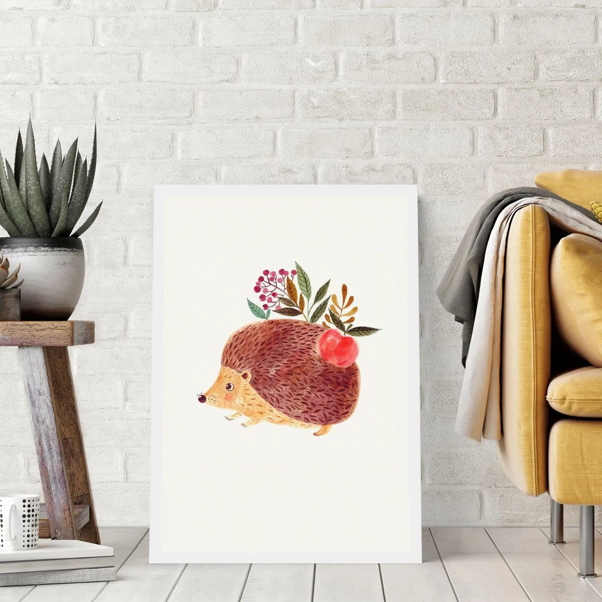 Affiche - Poster - Un hérisson mignon avec une pomme et des brindilles sur un fond clair - 50x70cm - Et tu m’apprécies déjà - Décoration murale moderne pour le salon et la chambre ARTTOR