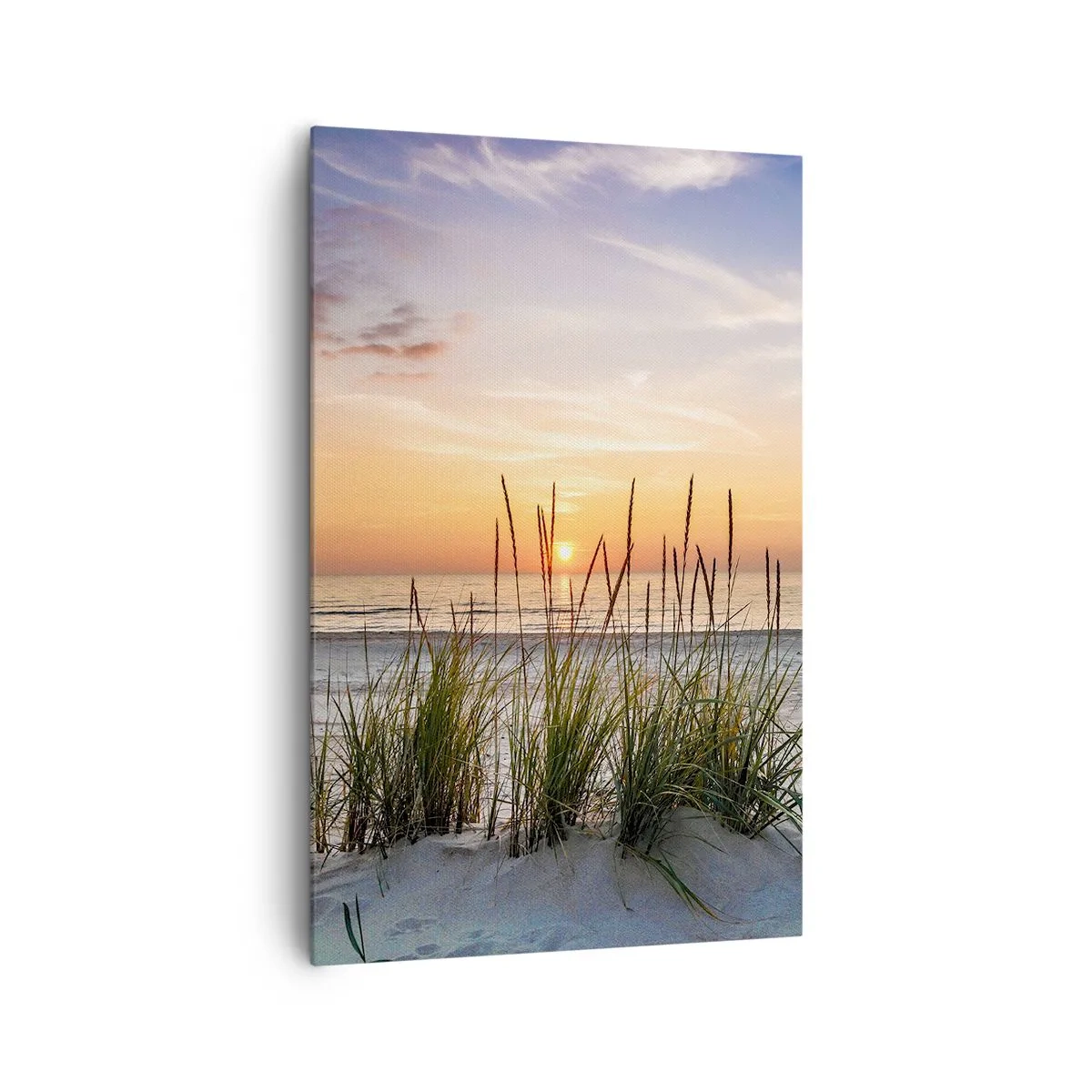 Impression sur toile - Image sur toile - Une plage de sable au coucher du soleil avec de l'herbe en arrière-plan - 80x120cm - Regarde, pense, ressent - Décoration murale moderne pour le salon et la chambre ARTTOR
