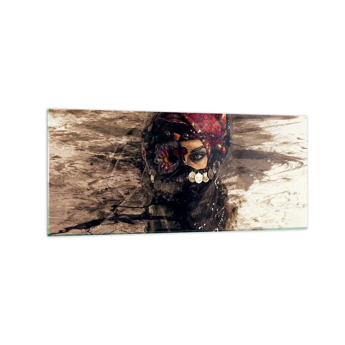 Impression sur verre - Image sur verre - Portrait artistique d'une femme en tenue orientale sur fond abstrait. - 120x50cm - Inquiétant, c'est le moins qu'on puisse dire - Décoration murale moderne pour le salon et la chambre ARTTOR