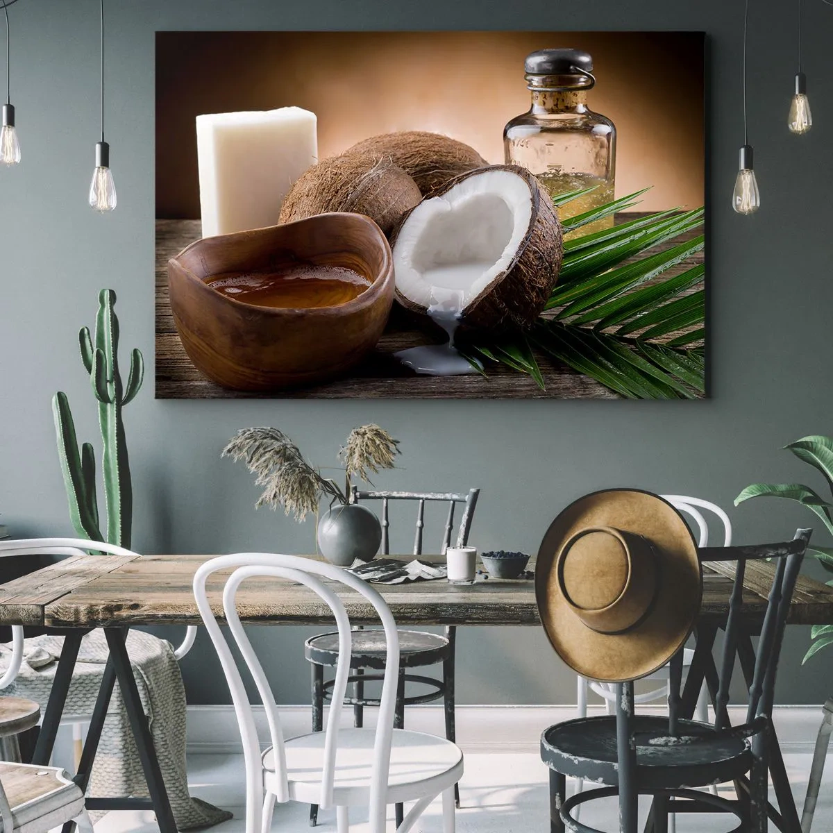Impression sur toile - Image sur toile - Noix de coco, bougie et huile sur fond de bois - 100x70cm - Santé des îles tropicales - Décoration murale moderne pour le salon et la chambre ARTTOR