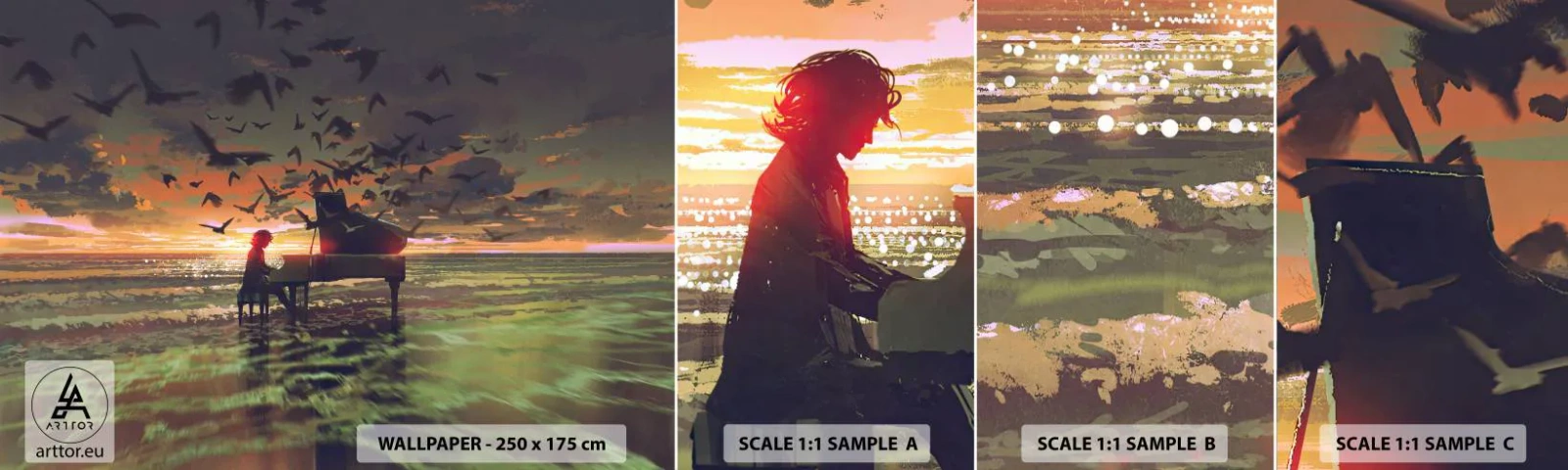 Échantillon De Papier Peint Standard Eco - Concert pour piano et vagues - Abstraction, Piano, Musique - 100x30 cm