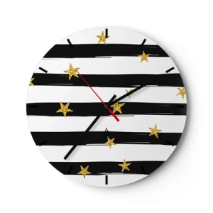 Horloge murale - Pendule murale - Rayures noires et blanches avec étoiles dorées - 30x30cm - Nous sommes tous nés sous une bonne étoile - Décoration murale moderne pour le salon, la cuisine et la chambre ARTTOR