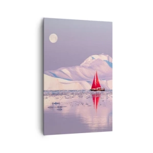 Impression sur toile - Image sur toile - Une voile rouge sur fond de montagnes glacées et de pleine lune. - 80x120cm - La chaleur de la voile, le froid de la glace - Décoration murale moderne pour le salon et la chambre ARTTOR