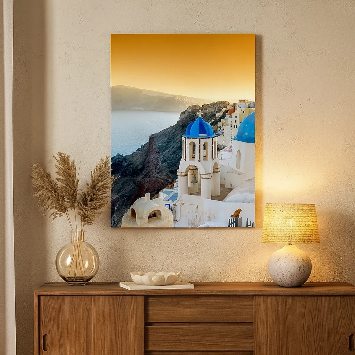 Impression sur toile - Image sur toile - Vue de Santorin avec des bâtiments blancs et une mer bleue - 50x70cm - Santorin - blotti contre les rochers - Décoration murale moderne pour le salon et la chambre ARTTOR