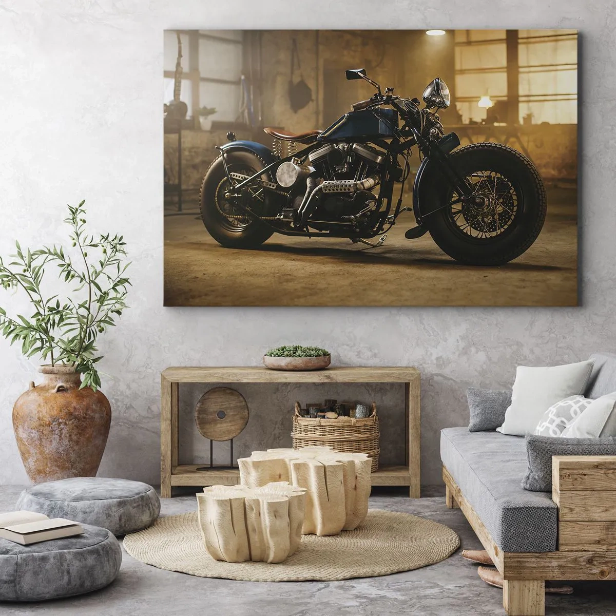 Impression sur toile - Image sur toile - Une moto élégante dans un intérieur industriel avec un éclairage chaleureux - 70x50cm - Je peux tout - Décoration murale moderne pour le salon et la chambre ARTTOR
