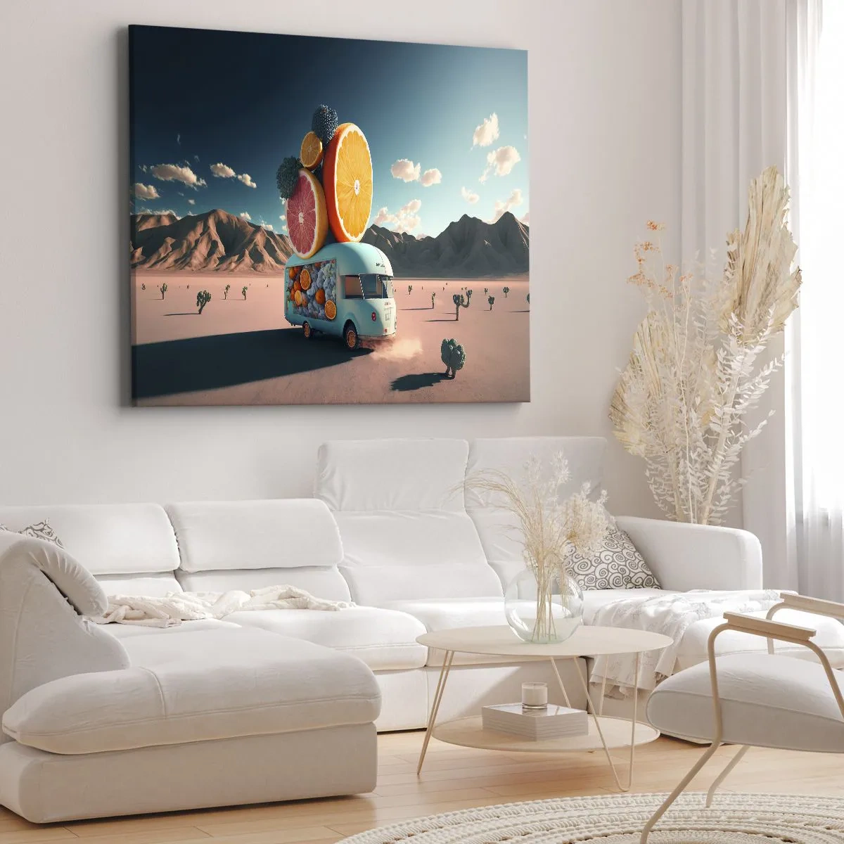 Impression sur toile - Image sur toile - Camion de fruits dans un paysage désertique - 120x80cm - Le goût des vacances - Décoration murale moderne pour le salon et la chambre ARTTOR