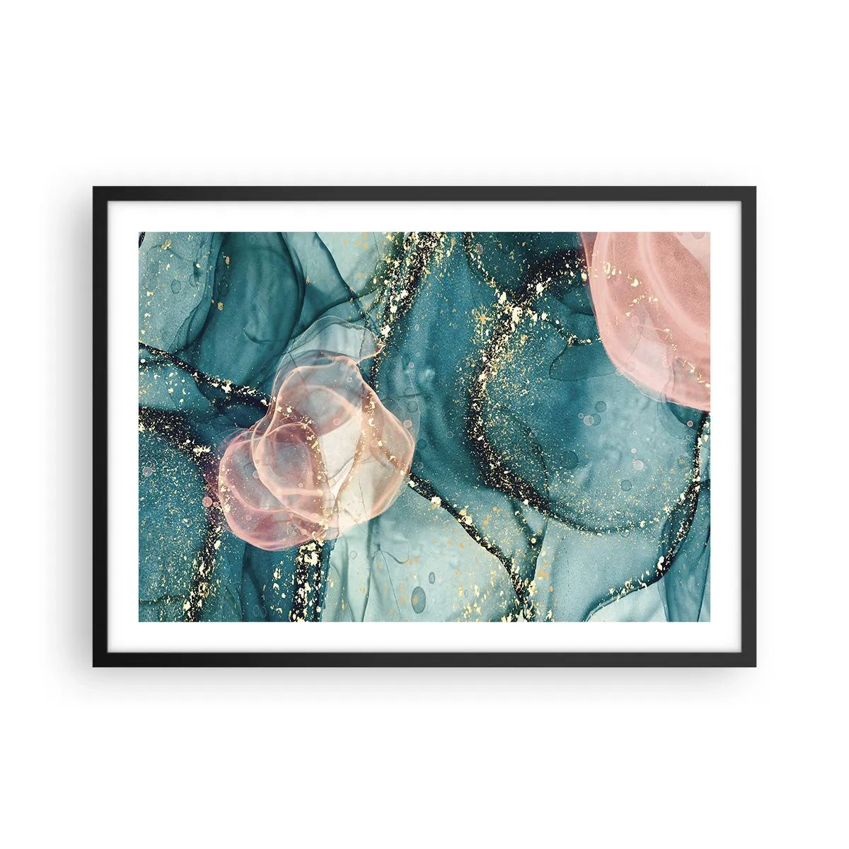 Affiche dans un cadre noir - Poster - Une composition abstraite dans des tons turquoise et or. - 70x50cm - Soie bleu, tulle rose - Décoration murale moderne pour le salon et la chambre ARTTOR