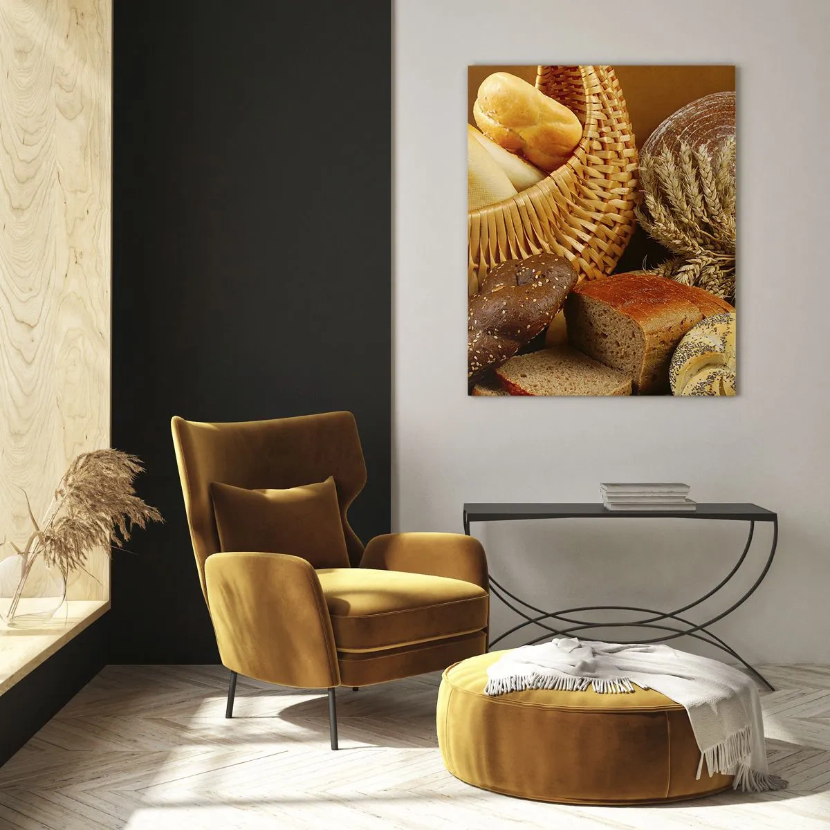 Impression sur verre - Image sur verre - Différents pains dans un panier en osier sur fond doré - 80x120cm - On s'en est encore sorti - Décoration murale moderne pour le salon et la chambre ARTTOR
