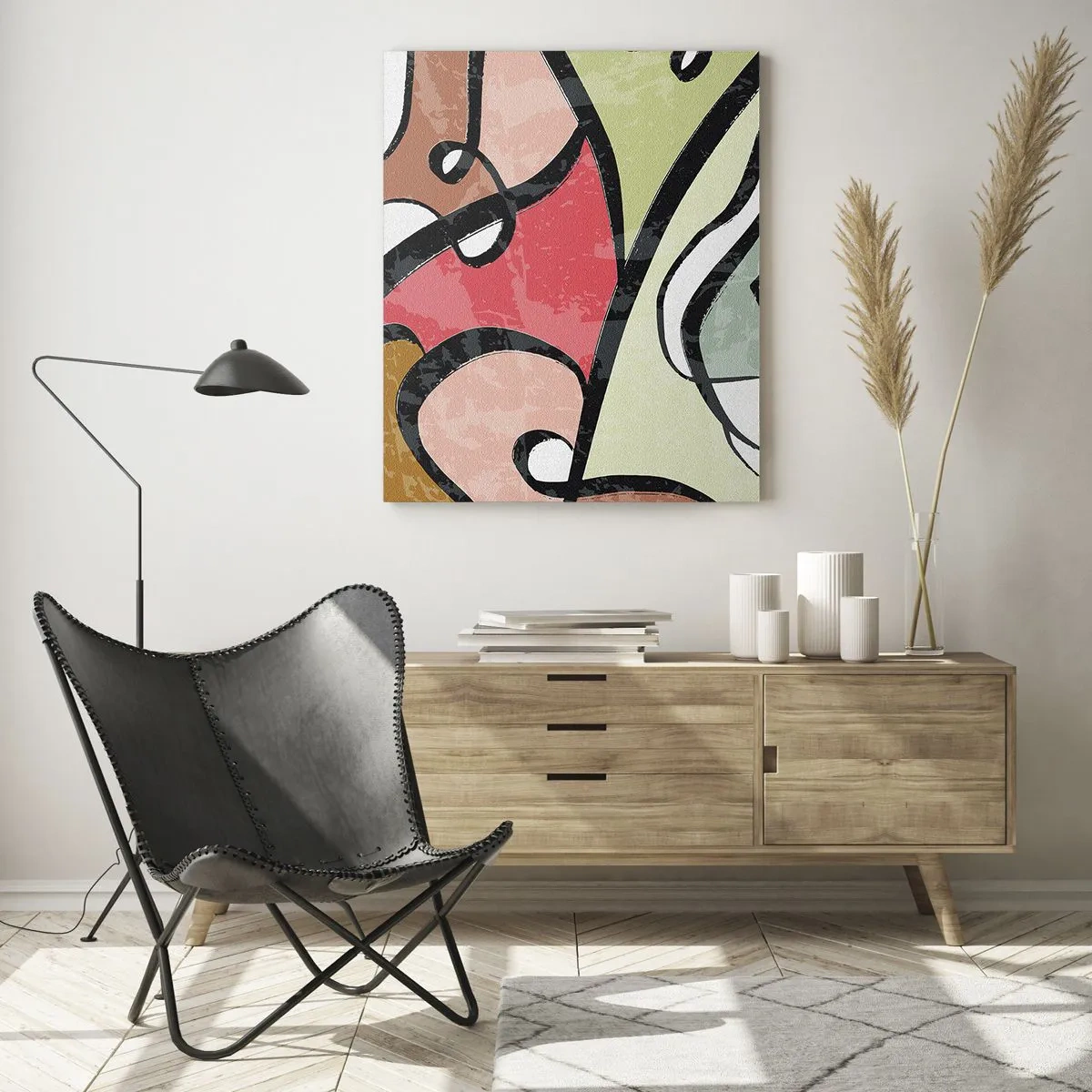 Impression sur verre - Image sur verre - Formes abstraites colorées avec des lignes noires - 70x100cm - Pirouettes parmi les couleurs - Décoration murale moderne pour le salon et la chambre ARTTOR