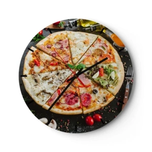 Horloge murale - Pendule murale - Pizza appétissante avec diverses garnitures sur fond noir - 30x30cm - Une gamme de saveurs - Décoration murale moderne pour le salon, la cuisine et la chambre ARTTOR