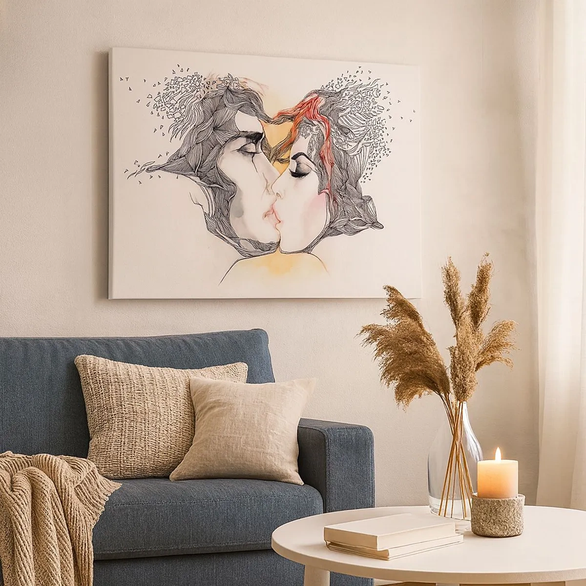 Impression sur toile - Image sur toile - Portrait artistique d'un couple avec des motifs de cheveux abstraits - 70x50cm - Le monde n'existe pas - Décoration murale moderne pour le salon et la chambre ARTTOR