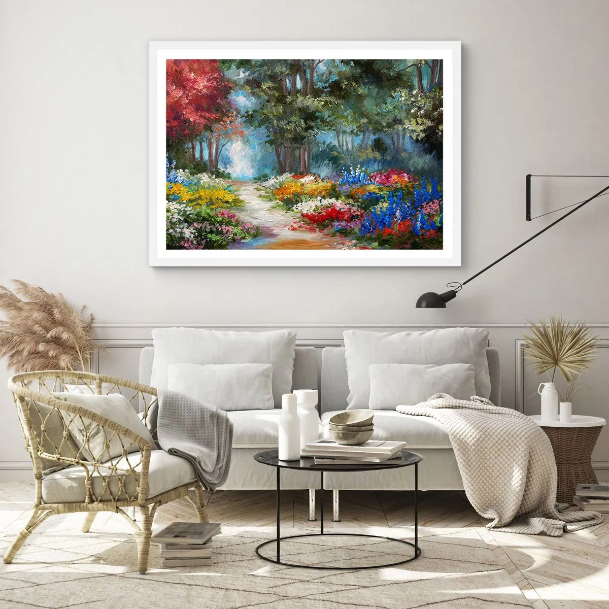 Affiche dans un cadre blanc - Poster - Jardin forestier, forêt de fleurs - 100x70 cm