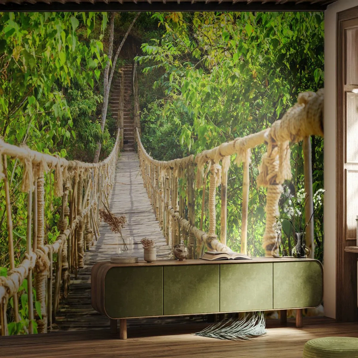 Papier Peint Photo Premium Sand - Un pont de corde suspendu dans une jungle tropicale - 100x70cm - Suspendu dans la nature - Décoration murale moderne pour le salon et la chambre ARTTOR