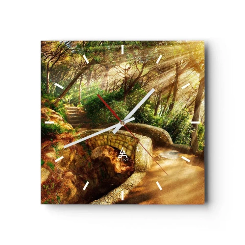 Horloge murale - Pendule murale - Paysage forestier avec des rayons de soleil et un pont de pierre - 30x30cm - Directement du pont dans une forêt de conte de fées - Décoration murale moderne pour le salon et la chambre ARTTOR
