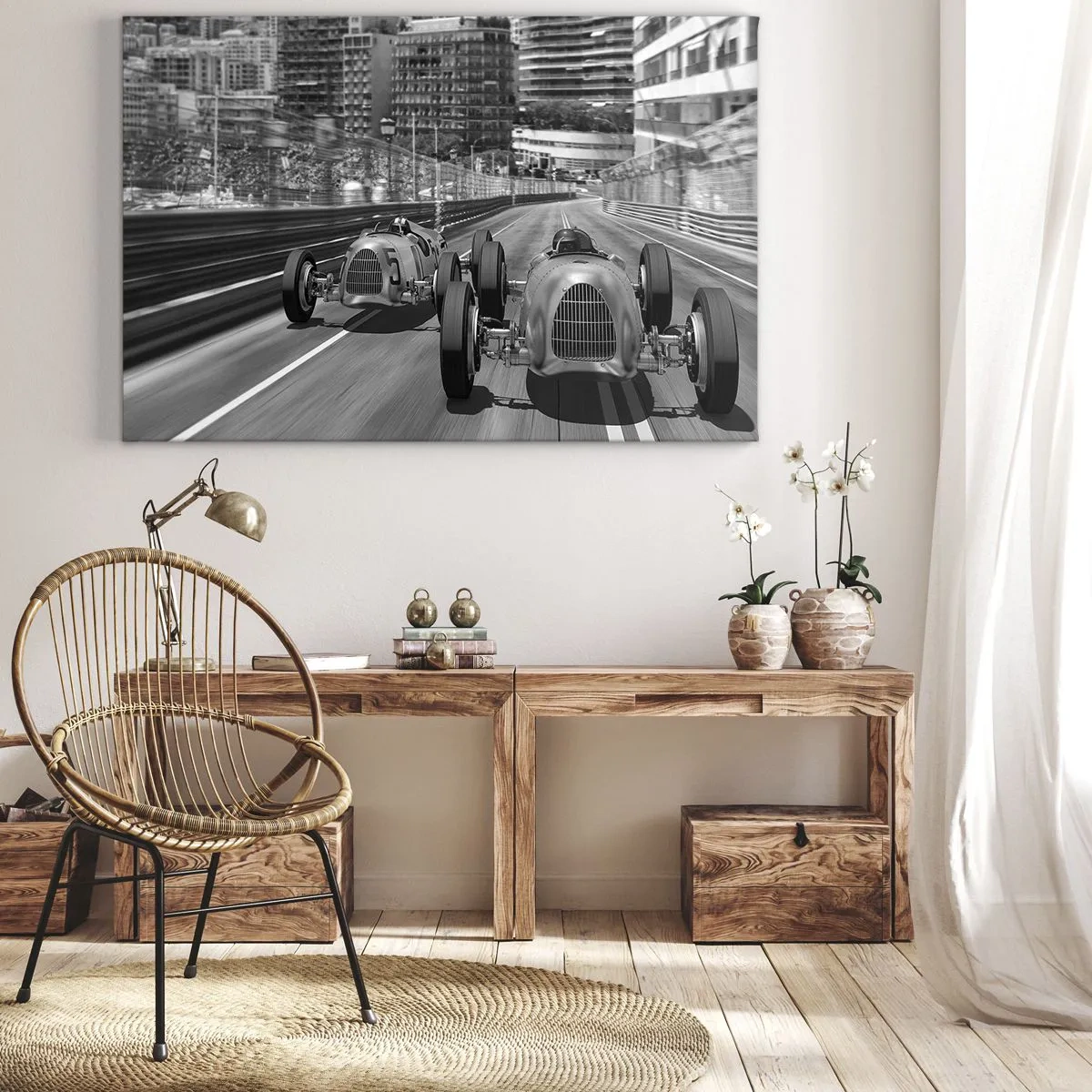 Impression sur toile - Image sur toile - Scène de course automobile rétro monochrome - 70x50cm - Il y a longtemps à Monté Carlo - Décoration murale moderne pour le salon et la chambre ARTTOR