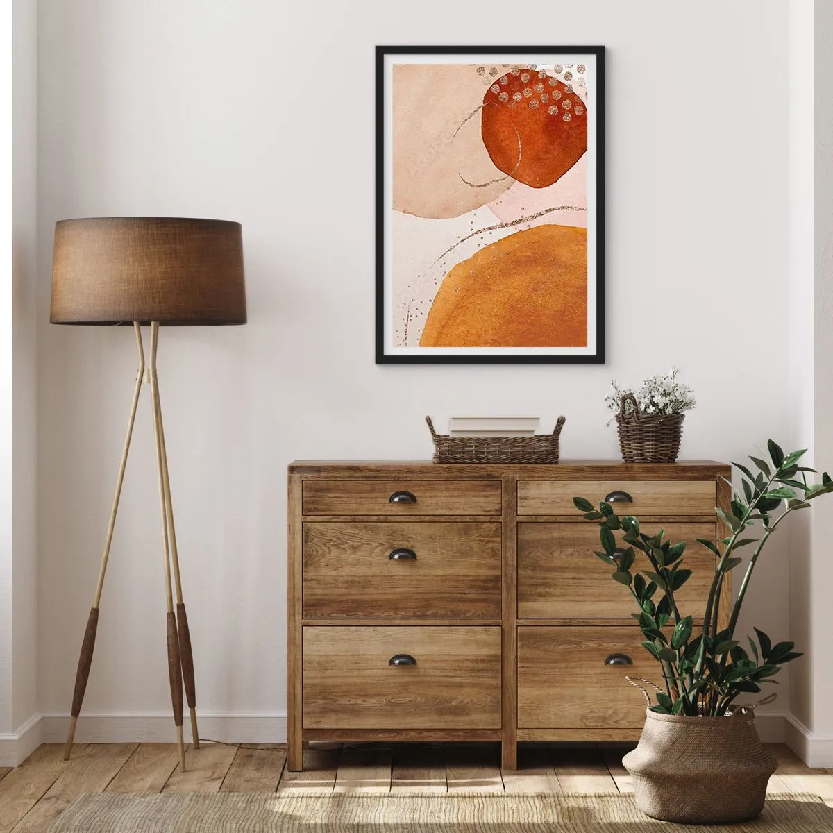 Affiche dans un cadre noir - Poster - Formes abstraites dans les tons beige, marron et or - 50x70cm - Rondeur et mouvement - Décoration murale moderne pour le salon et la chambre ARTTOR