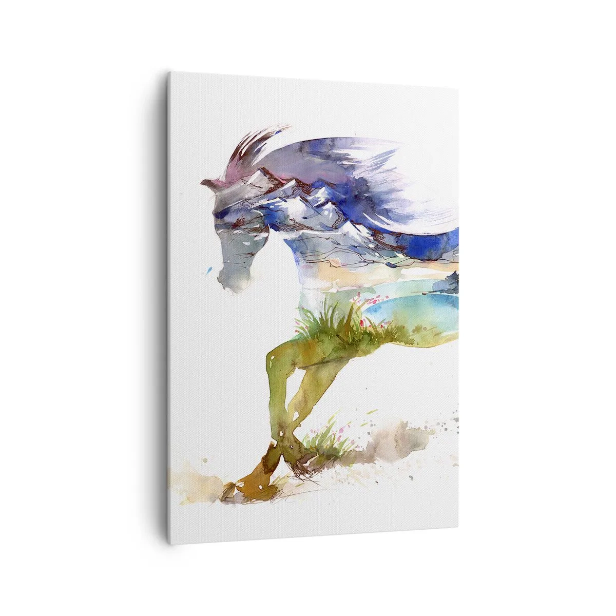 Impression sur toile - Image sur toile - Aquarelle d'un cheval avec un paysage de montagne en silhouette - 70x100cm - De la prairie directement au ciel - Décoration murale moderne pour le salon et la chambre ARTTOR