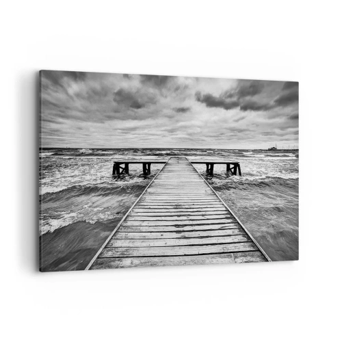 Impression sur toile - Image sur toile - Une vue en noir et blanc d'une jetée en bois sur une mer agitée. - 120x80cm - J'attends que le vent, ça le chassera... - Décoration murale moderne pour le salon et la chambre ARTTOR