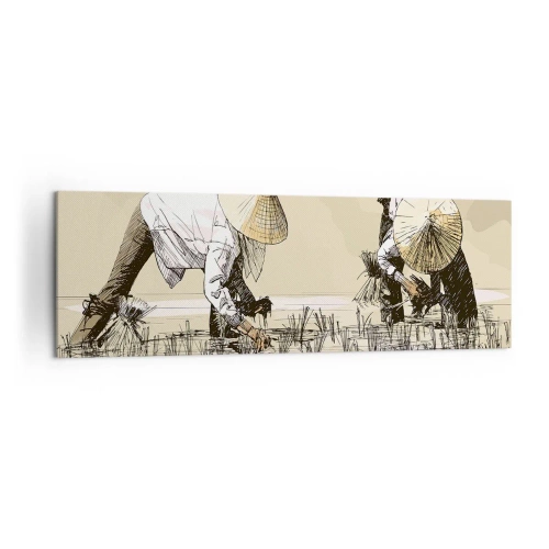 Impression sur toile - Image sur toile - Des agriculteurs travaillant dans une rizière portant des coiffures traditionnelles - 160x50cm - Récolte réussie - Décoration murale moderne pour le salon et la chambre ARTTOR