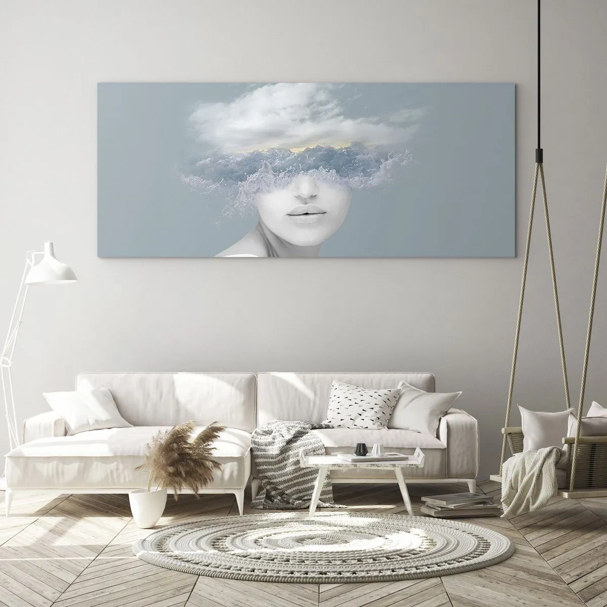 Impression sur verre - Image sur verre - Portrait d'une femme avec son visage caché derrière les nuages et les vagues - 160x50cm - La tête dans les nuages - Décoration murale moderne pour le salon et la chambre ARTTOR