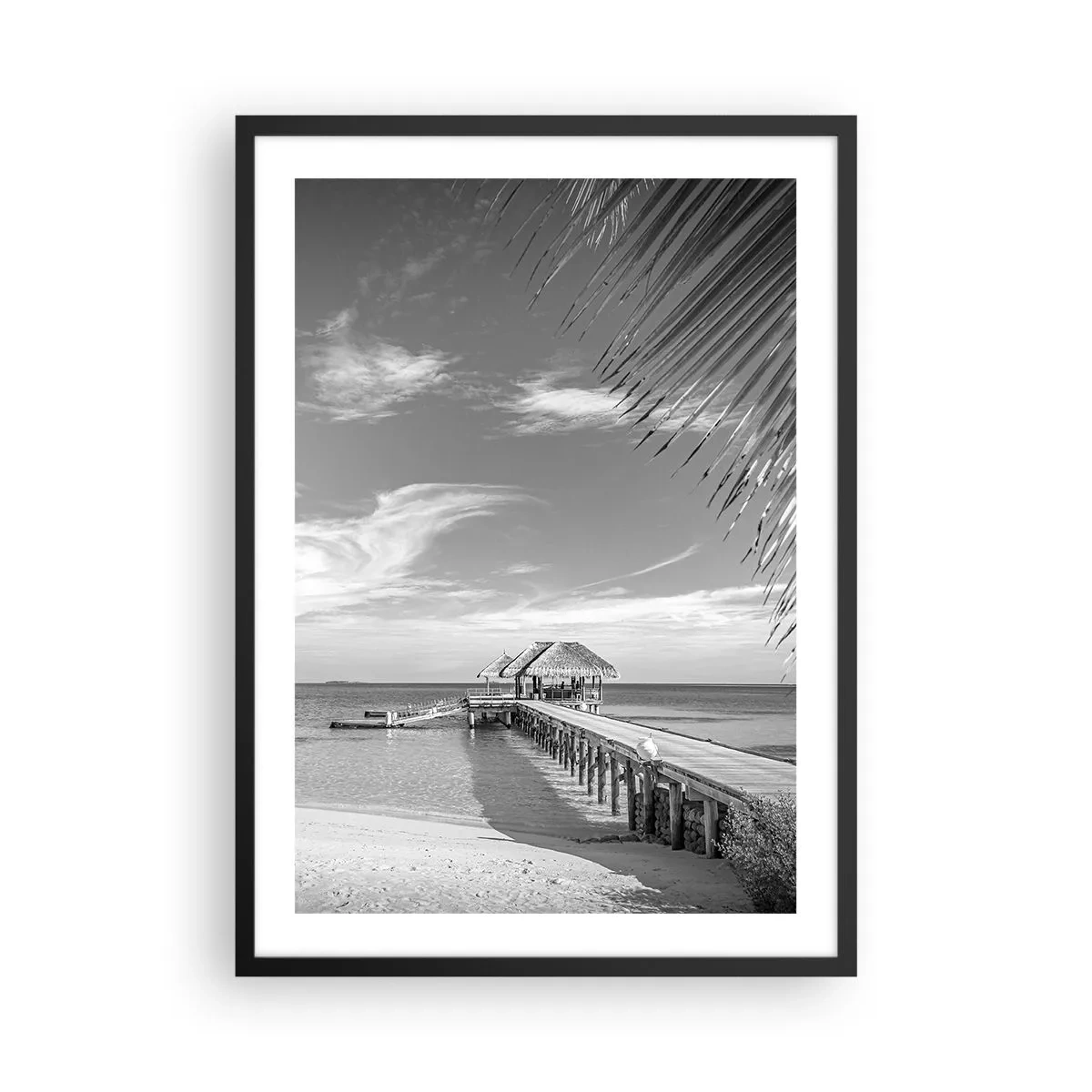 Affiche dans un cadre noir - Poster - Paysage noir et blanc avec une jetée sur une mer calme - 50x70cm - Souvenirs ou rêve? - Décoration murale moderne pour le salon et la chambre ARTTOR