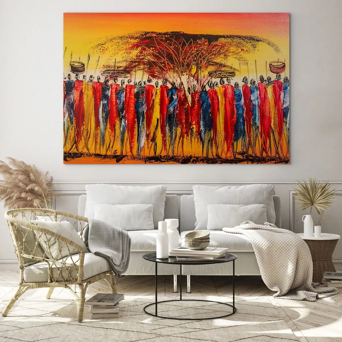 Impression sur verre - Image sur verre - Une scène colorée avec des gens en costumes traditionnels africains - 120x80cm - Là-bas, là-bas, ils vont là-bas - Décoration murale moderne pour le salon et la chambre ARTTOR