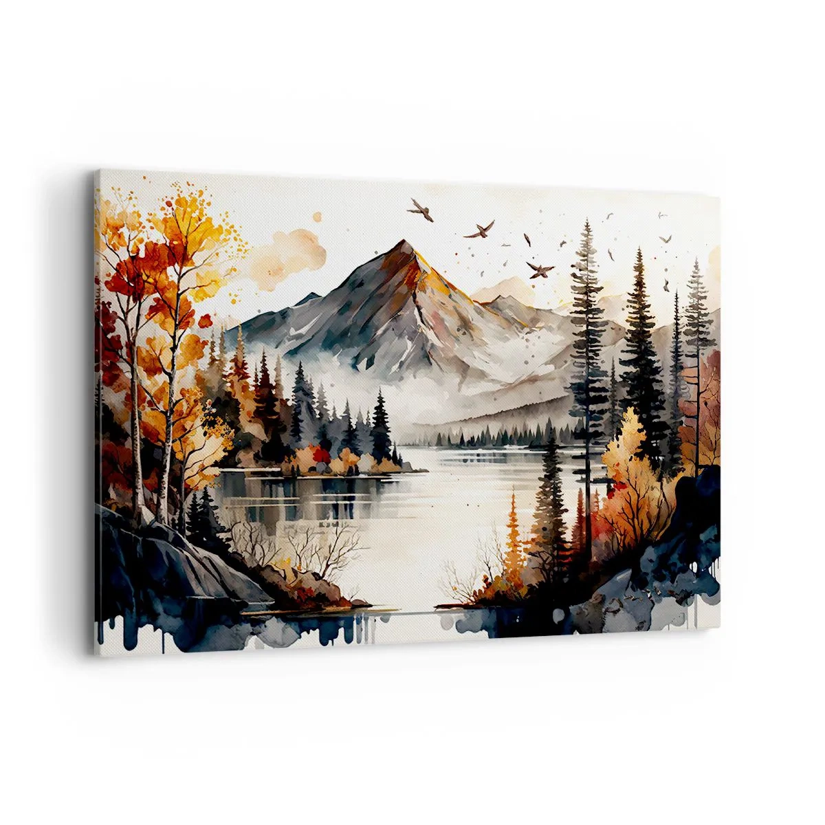 Impression sur toile - Image sur toile - Paysage de montagne d'automne avec un lac et des arbres à l'aquarelle - 100x70cm - Automne doré dans les montagnes - Décoration murale moderne pour le salon et la chambre ARTTOR