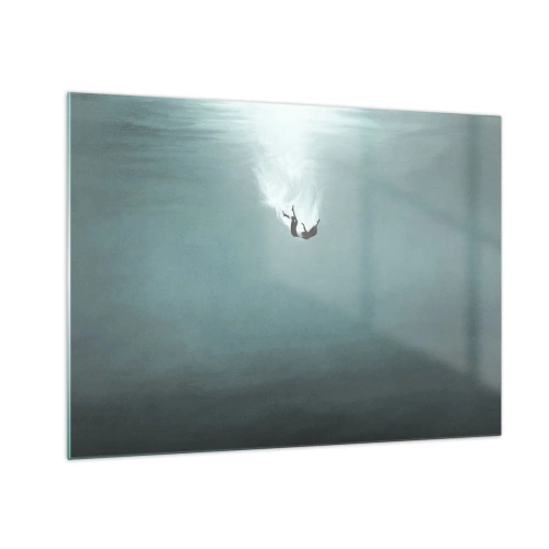 Impression sur verre - Image sur verre - La silhouette d'un homme immergé dans les profondeurs bleues de l'océan - 70x50cm - Dans les bras de l'océan - Décoration murale moderne pour le salon et la chambre ARTTOR