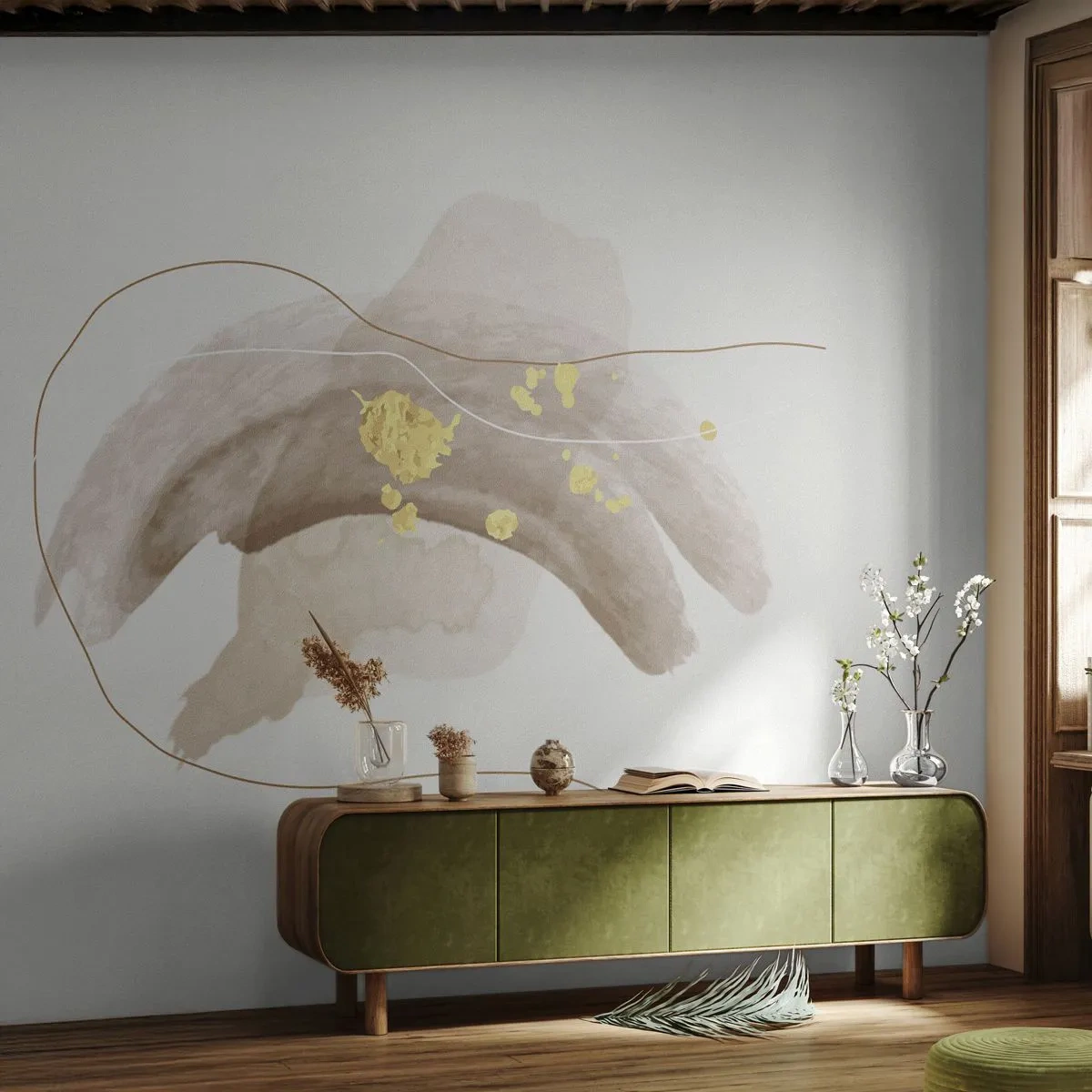 Papier Peint Photo Premium Sand - Une composition abstraite en beige et or sur fond clair. - 100x70cm - rencontré dans l'espace - Décoration murale moderne pour le salon et la chambre ARTTOR