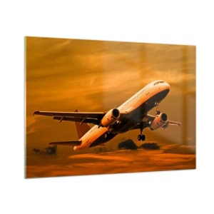 Impression sur verre - Image sur verre - Un avion décollant dans un ciel orange - 100x70cm - Vol vers le soleil - Décoration murale moderne pour le salon et la chambre ARTTOR