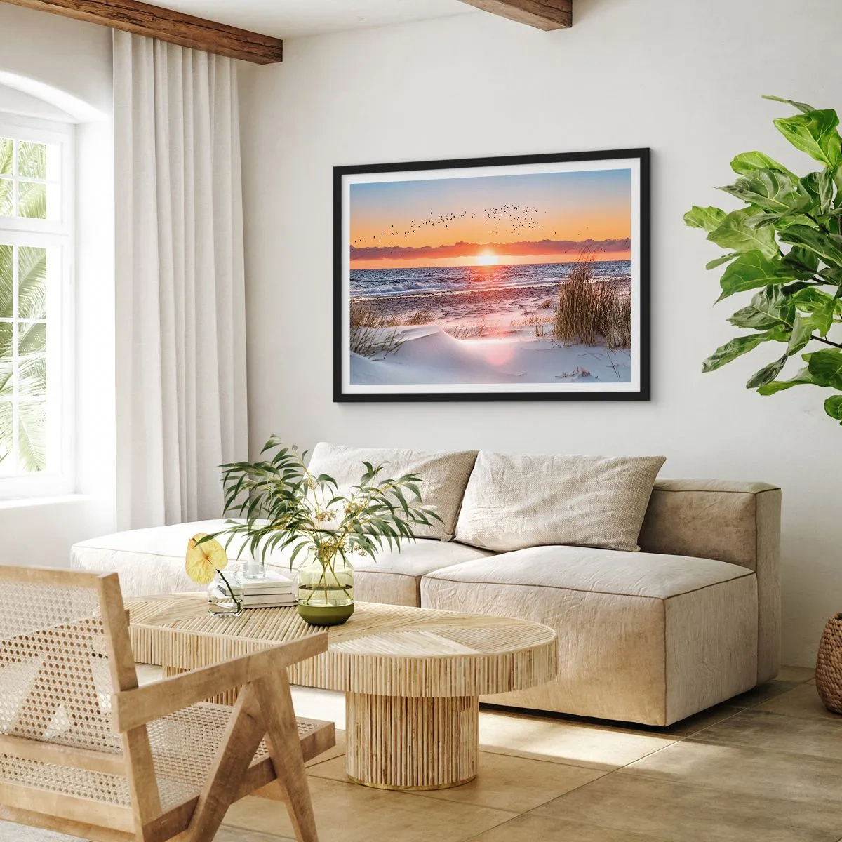 Affiche dans un cadre noir - Poster - Coucher de soleil sur la mer avec vue sur les dunes - 70x50cm - Paysage horizontal - Décoration murale moderne pour le salon et la chambre ARTTOR