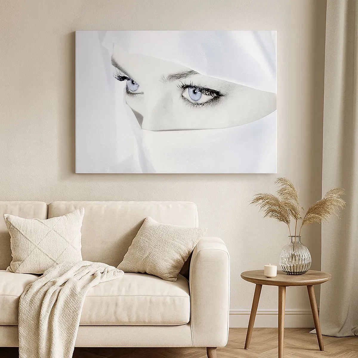 Impression sur toile - Image sur toile - Portrait d'une femme aux yeux bleus cachés derrière un voile blanc - 70x50cm - Directement des mille et une nuits - Décoration murale moderne pour le salon et la chambre ARTTOR