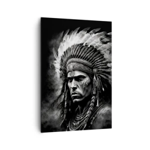 Impression sur toile - Image sur toile - Portrait d'un chef portant une coiffe à plumes sur fond noir - 70x100cm - Un leader et un guerrier - Décoration murale moderne pour le salon et la chambre ARTTOR