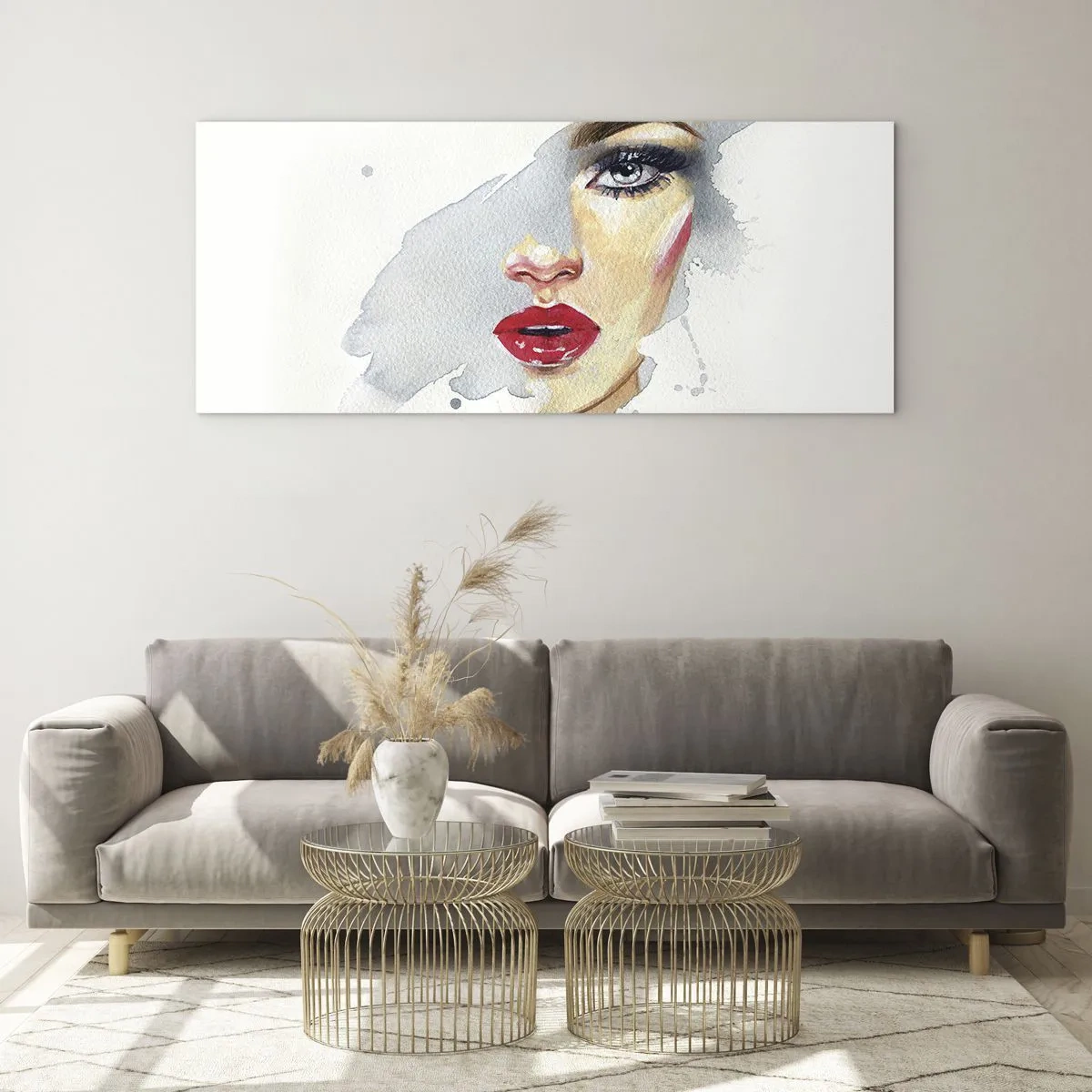 Impression sur verre - Image sur verre - Portrait à l'aquarelle d'une femme au regard intense. - 120x50cm - Reflet dans une goutte d'eau - Décoration murale moderne pour le salon et la chambre ARTTOR