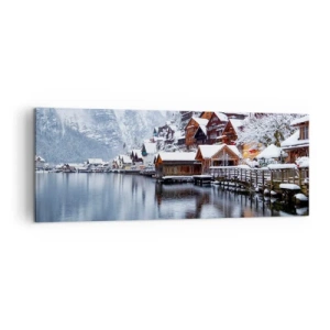 Impression sur toile - Image sur toile - Vue hivernale d'un village de montagne au bord du lac - 140x50cm - En décoration hivernale - Décoration murale moderne pour le salon et la chambre ARTTOR