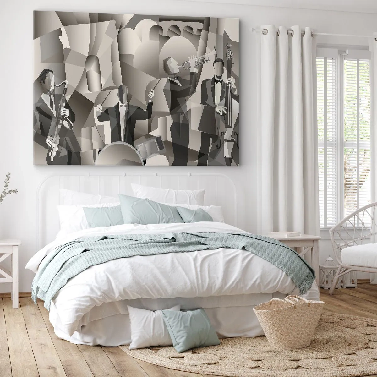 Impression sur toile - Image sur toile - Scène abstraite avec des musiciens de jazz dans des tons de gris. - 120x80cm - Dans l'espace des sons - Décoration murale moderne pour le salon et la chambre ARTTOR