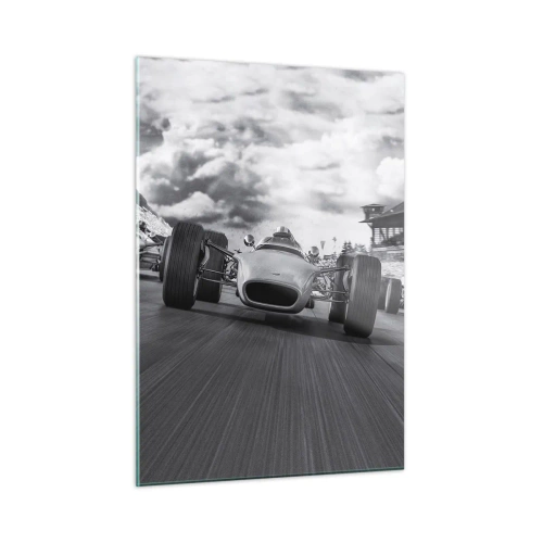 Impression sur verre - Image sur verre - Course de voitures classiques sur une piste en noir et blanc - 50x70cm - Puissance! - Décoration murale moderne pour le salon et la chambre ARTTOR