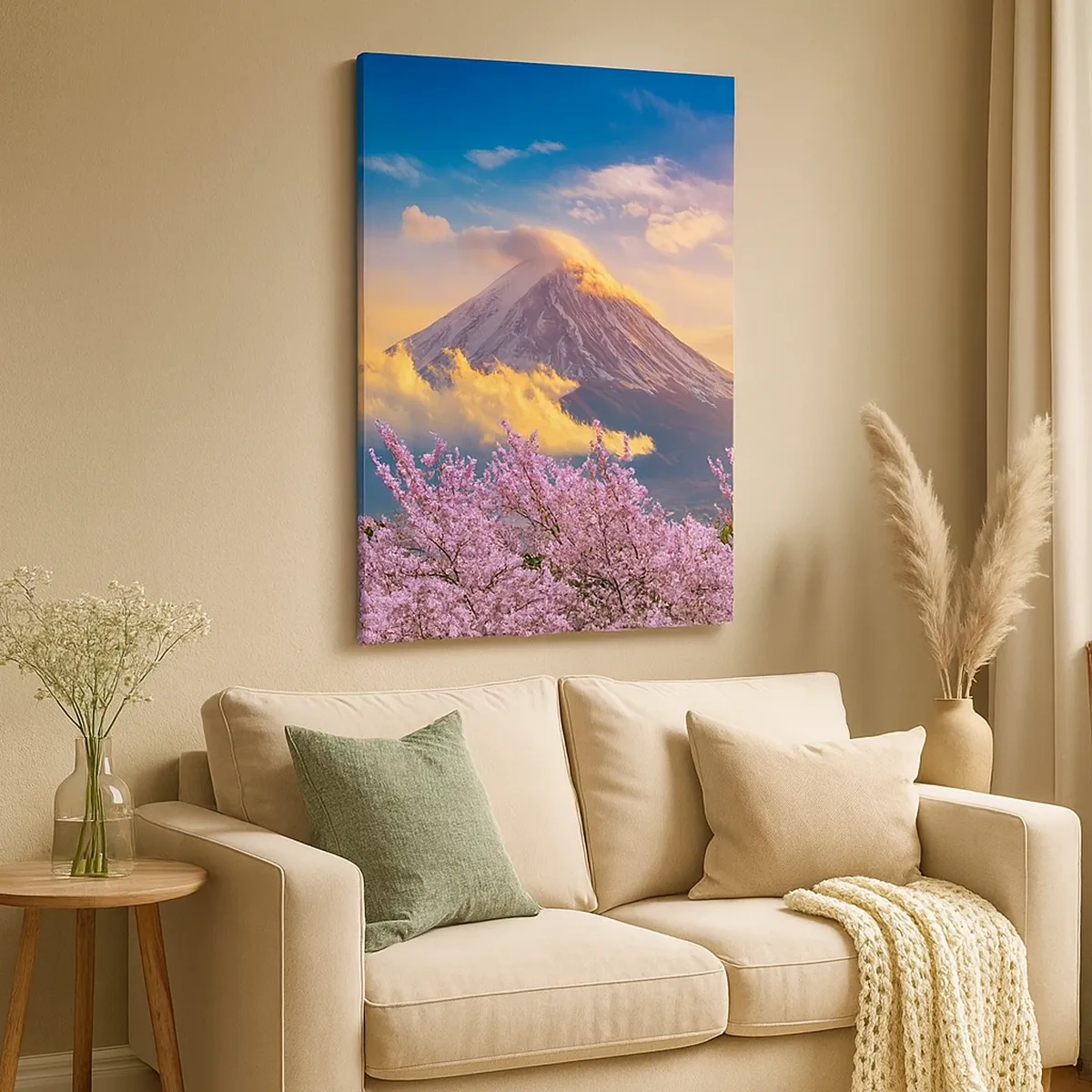 Impression sur toile - Image sur toile - Mont Fuji avec des cerisiers en fleurs en arrière-plan au coucher du soleil - 50x70cm - Sainteté japonaise - Décoration murale moderne pour le salon et la chambre ARTTOR