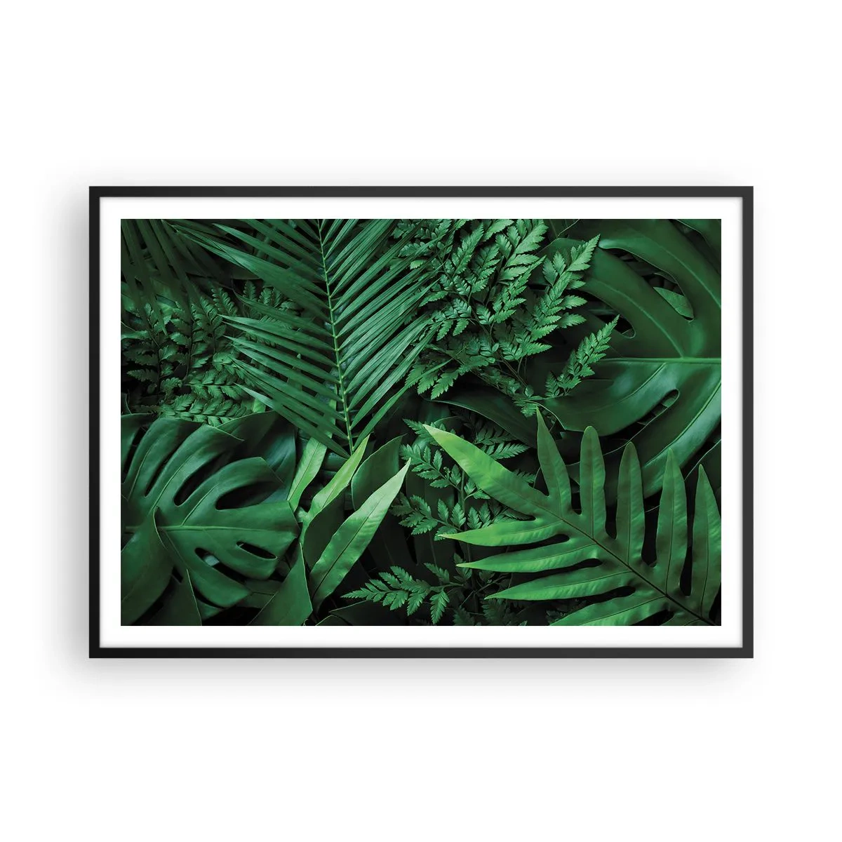 Affiche dans un cadre noir - Poster - Feuilles tropicales vertes dans une composition dense et naturelle - 100x70cm - Emmitouflé de verdure - Décoration murale moderne pour le salon et la chambre ARTTOR