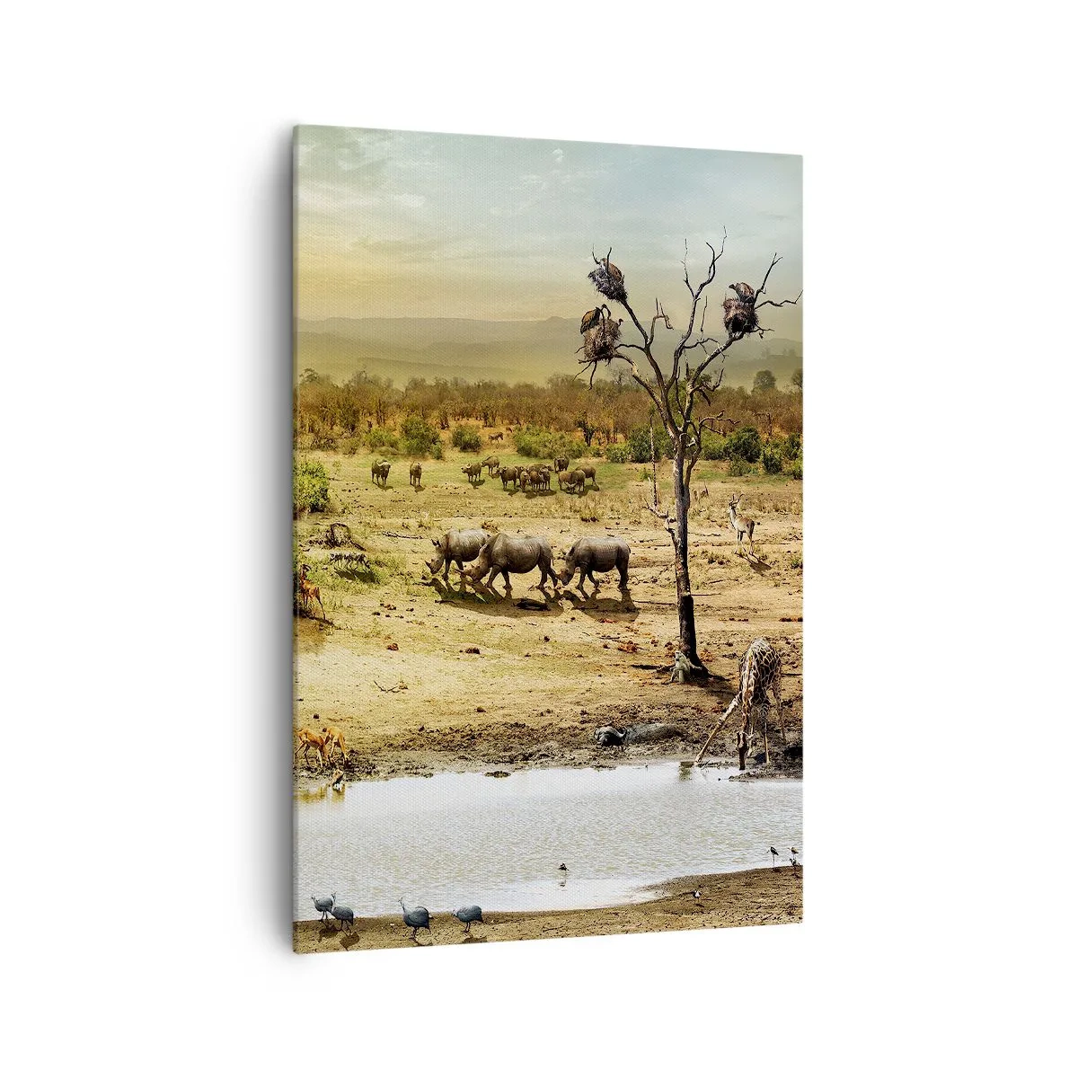 Impression sur toile - Image sur toile - Éléphants et animaux sauvages à un point d'eau au coucher du soleil - 70x100cm - "Et d'Eden coulait une rivière..." - Décoration murale moderne pour le salon et la chambre ARTTOR