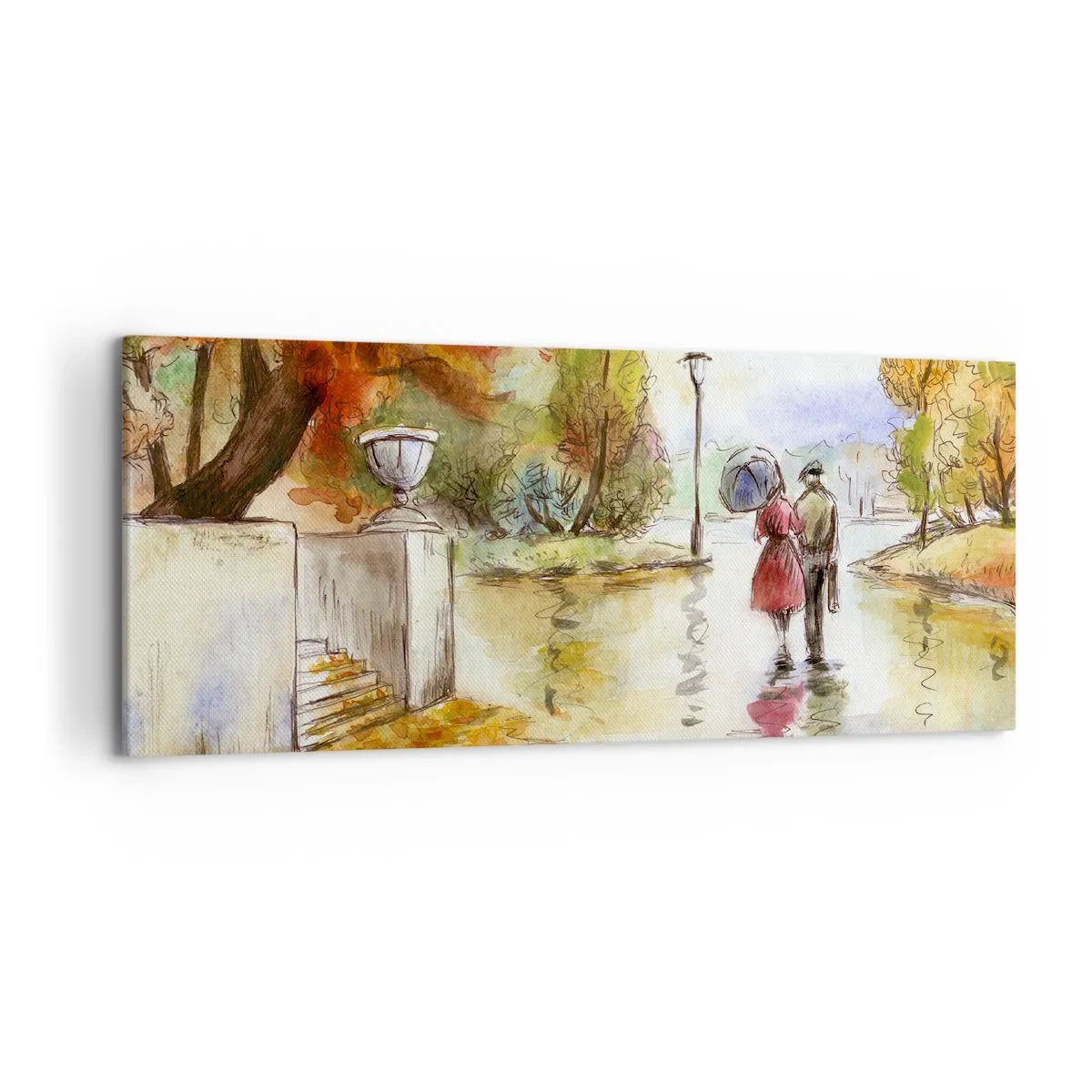 Impression sur toile - Image sur toile - Une promenade dans le parc d'automne avec un parapluie - 120x50cm - Automne romantique dans le parc - Décoration murale moderne pour le salon et la chambre ARTTOR