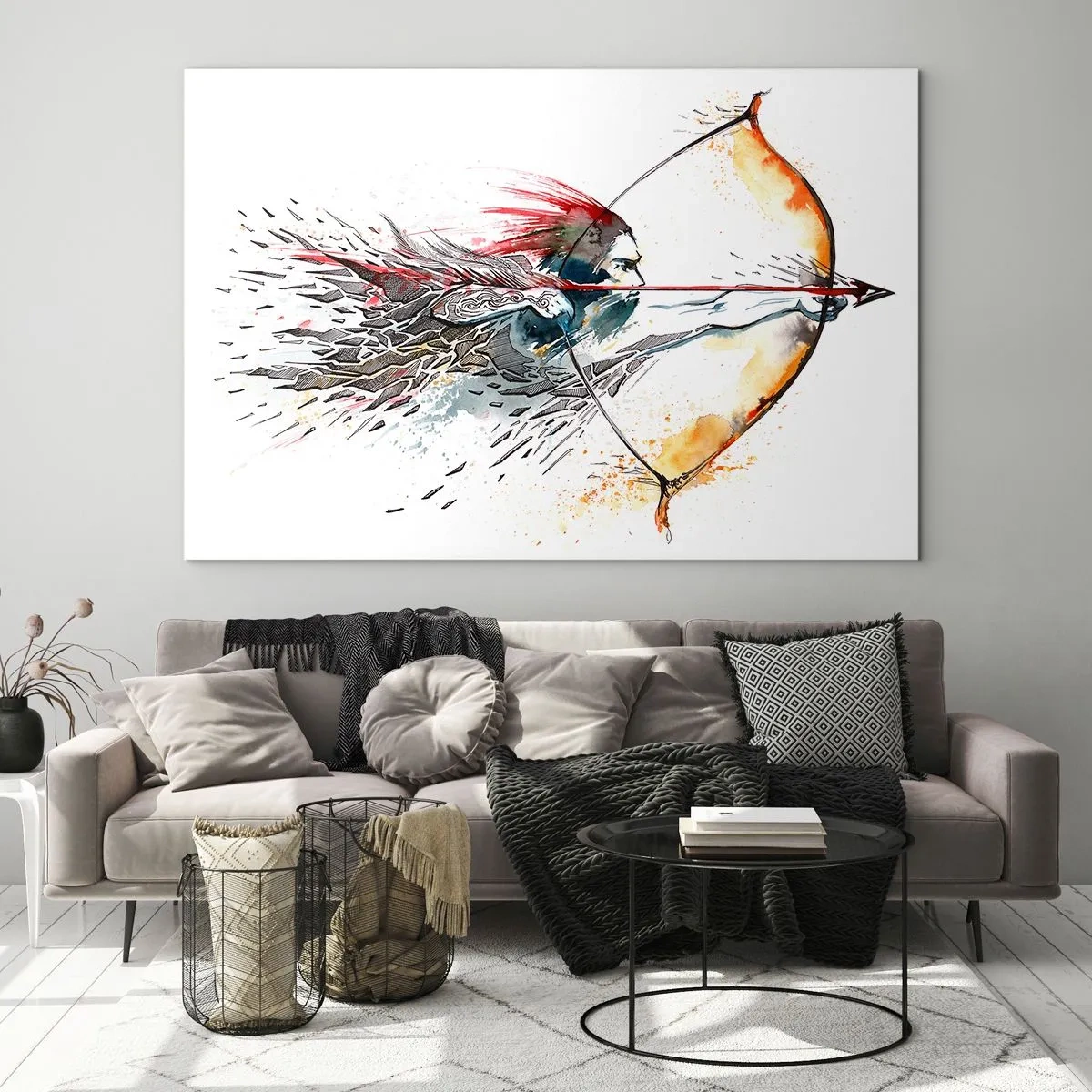 Impression sur verre - Image sur verre - Archer dans un décor d'aquarelle dynamique - 70x50cm - Guerrier mythique avec un arc de feu - Décoration murale moderne pour le salon et la chambre ARTTOR